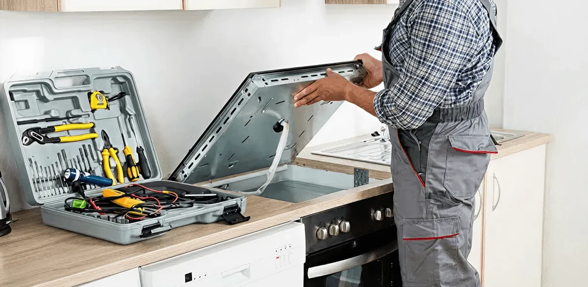 Handyman repairing a cooktop and checking wiring connections in Jersey City, NJ